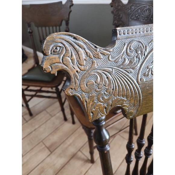 Set of 4 Matching Victorian Gothic Revival Lion Crest Pressed Back Dining Chairs